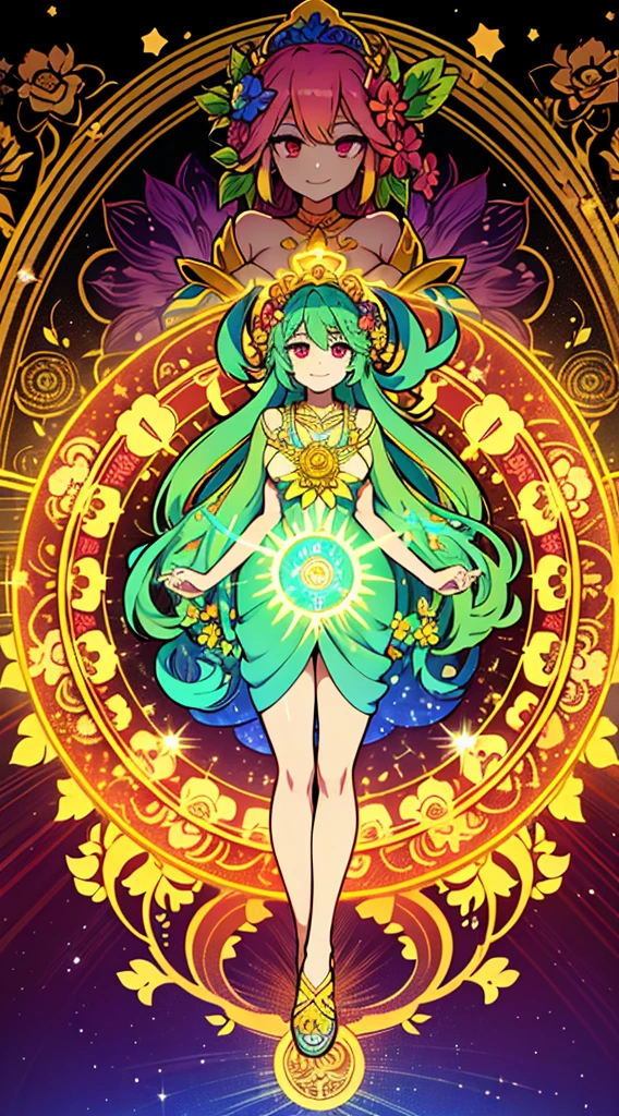 goddess of flowers, venusian goddess, solar goddess, dancing in a flower meadow with sun dress made of flowers, mandala of light behind her, kalachakra, magick circle background behind, heart-opening smile, golden crown made of flowers, green-blue hair, red eyes, light radiating from her heart, kobato anime style