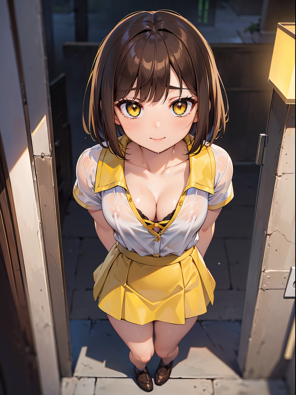 (NSFW)), (RAW Photos, Best Quality), (animesque: 1.2), Solo, (((infp young woman))), (Sharp facial features), (smaller face), (High Detail Skin: 1.2), 鎖骨, Pretty face, Beautiful eyes, long eyelashes, (Brown hair, short-hair), Glossy fingertips, a smile, supreme curvaceous beauty, (In the city), (((Yellow skirt))), Wet, looking up at the viewer, ((From the top:1.5)), ((open the front of your shirt)), (Full body shot:1.1), cleavage, Seductive thighs, ((Underwear visible from the chest)), ultra-detailliert, Professional Lighting, Photon mapping, Physically Based Rendering,