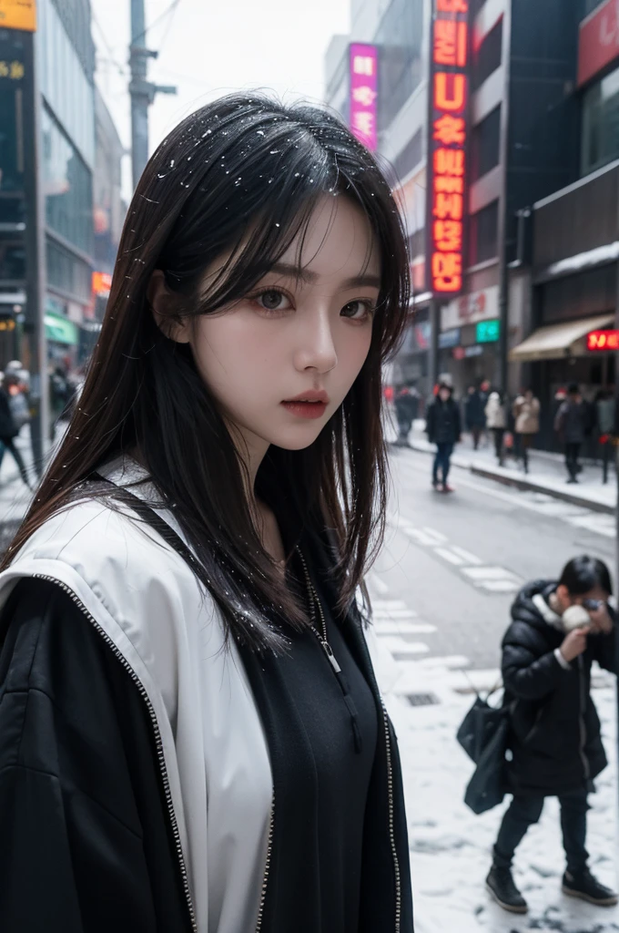 cyberpunk, Seoul, city, portrait, dark clothes, oversized clothes, Korean city, crowded city, snowing