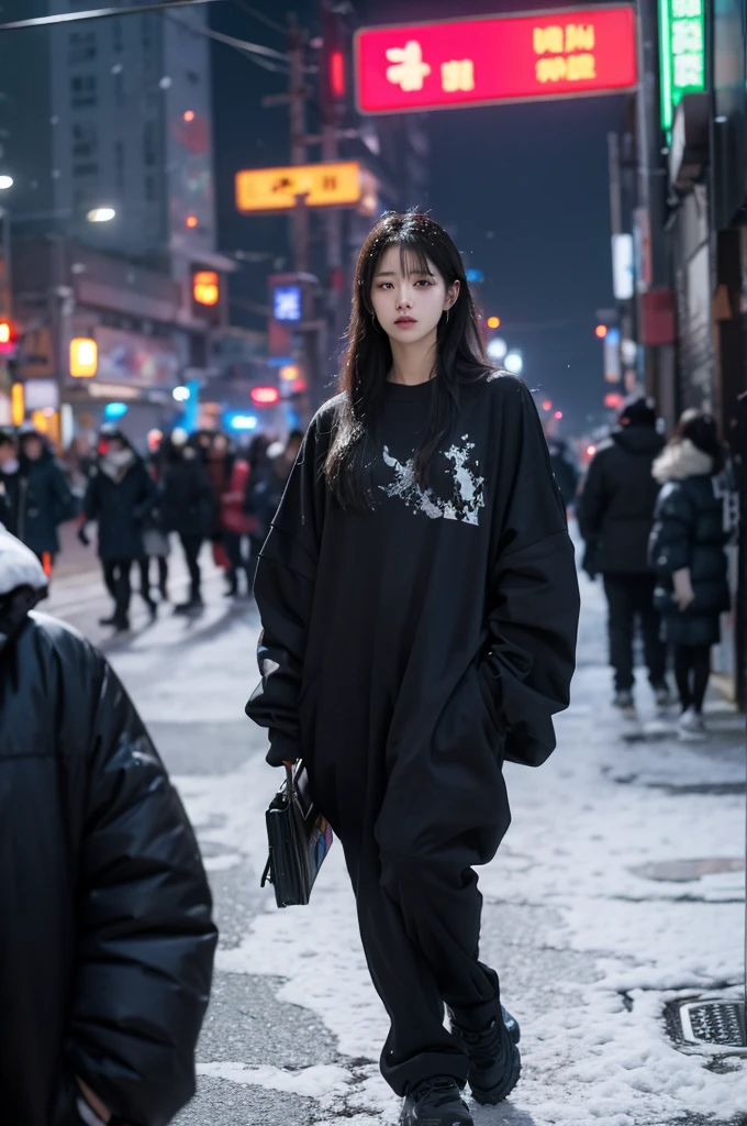 cyberpunk, Seoul, city, portrait, dark clothes, oversized clothes, Korean city, crowded city, snowing