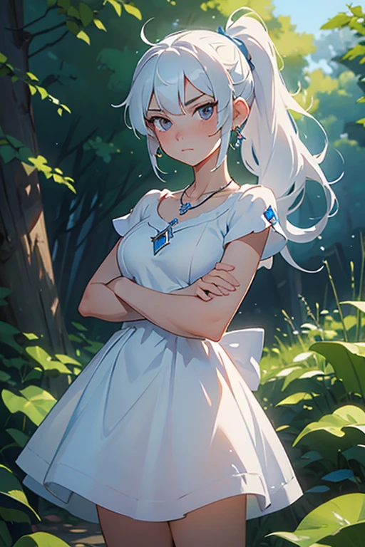 (masterpiece, best quality:1.2), weiss schnee, cowboy shot, solo, 1girl, expressionless, closed mouth, looking at viewer, crossed arms, long white hair, side ponytail, blue dress, white boots, scar on left eye, jewelry, necklace, earrings, forest, summer afternoon
