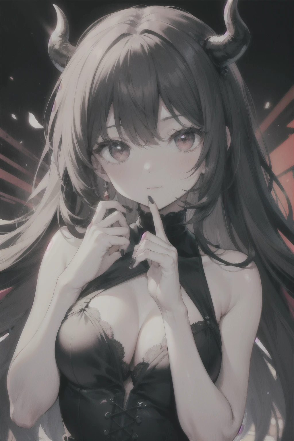 ((Best Quality,8k,4k)), ((masutepiece)), (ultra-detailliert), (细致背景)(Perfect face)、Perfect style、demon girls、17age、Pretty Face、black gothic dress、Black long hair、Red eyes、stand in the demon world、grand background、devil princess、perfect hand、The style of a champion、Angle of pull、dynamic ungle、background clearly、black fingernails、