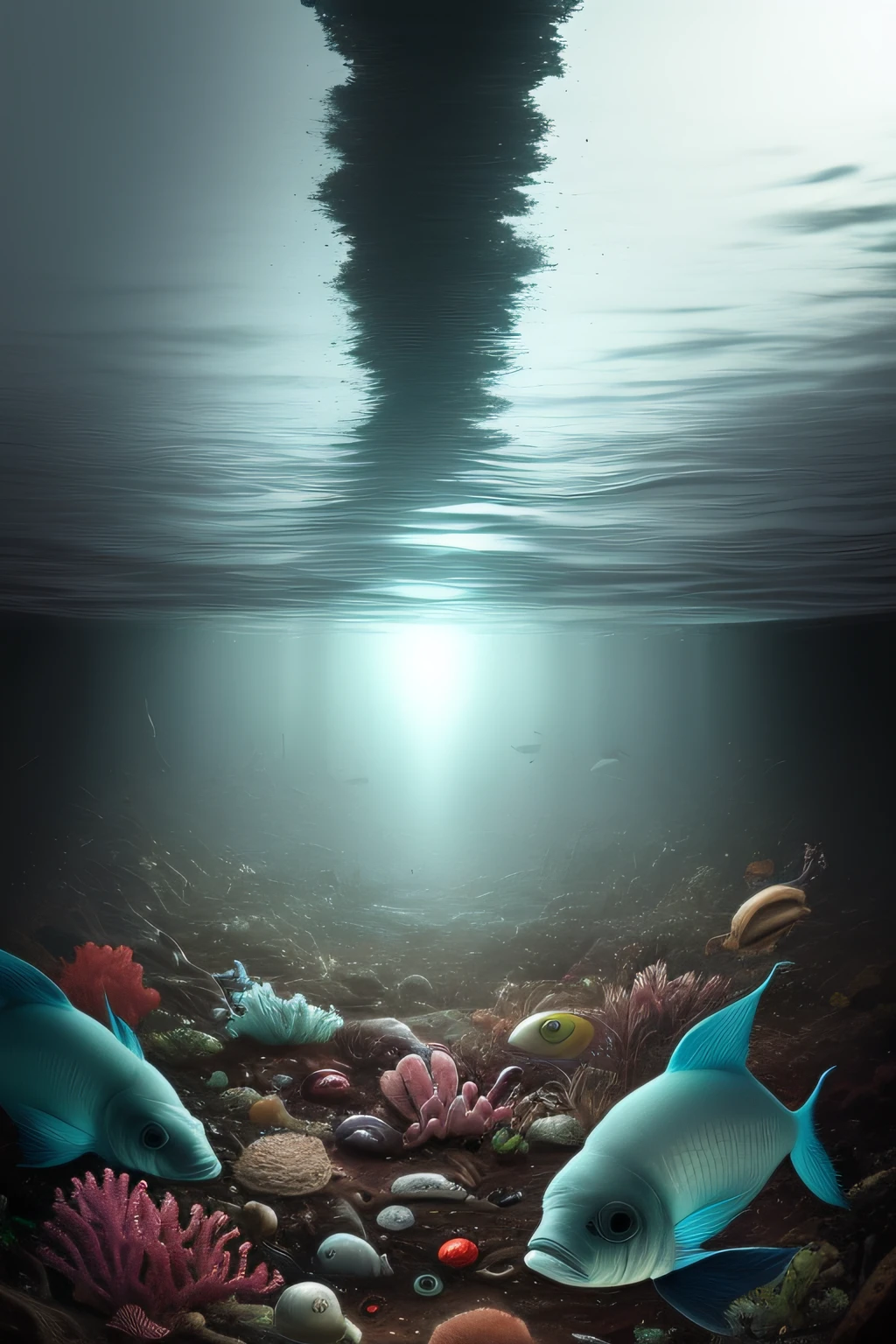 the ocean,deep sea garbage,Polluted seawater,unusual fish,No one alive appeared,Half the sea bottom and half the sea surface