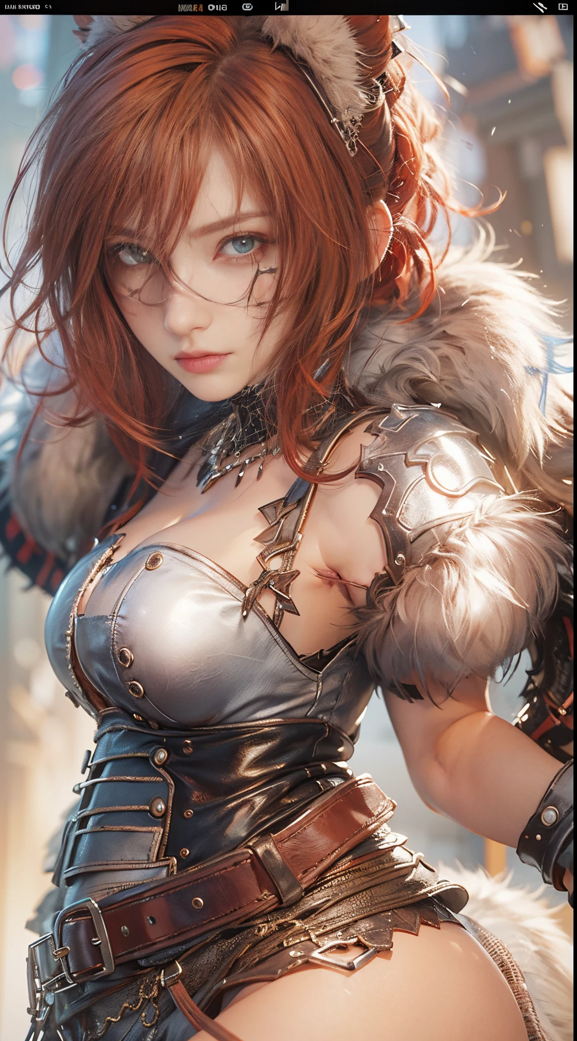 (hyper realisitic), (Illustration), (High resolution), (8K), (Extremely detailed), (Best Illustration), (Beautiful detailed eyes), (Best Quality), (Ultra-detailed), (masutepiece), (Wallpaper), (Detailed face), Solo 1 Girl, Big breasts, upholstered round metal ax, Fur collar, Large Metal Hand Axe, Beautiful powerful eyes, Beautiful skin, Red-haired short-haired