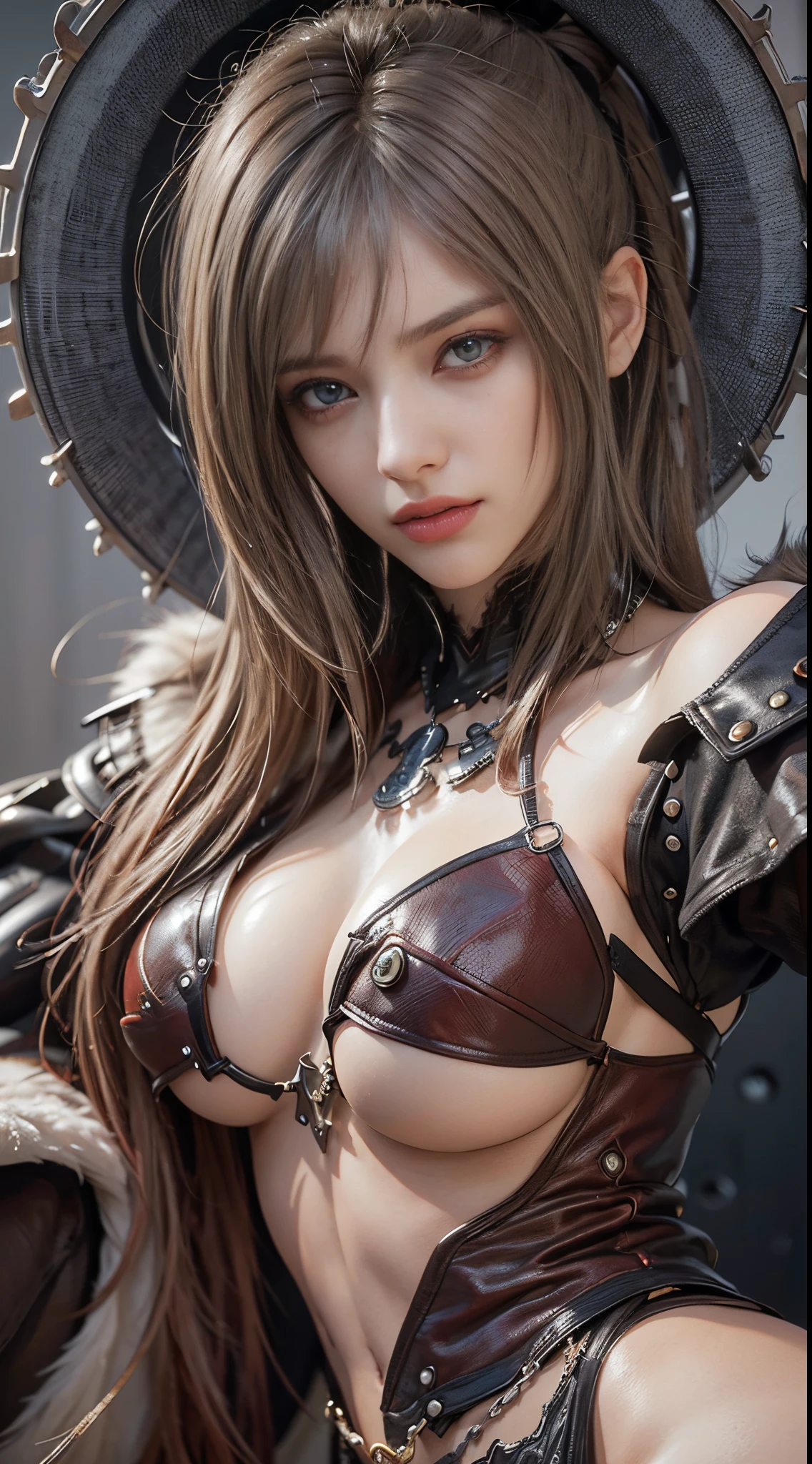 (hyper realisitic), (Illustration), (High resolution), (8K), (Extremely detailed), (Best Illustration), (Beautiful detailed eyes), (Best Quality), (Ultra-detailed), (masutepiece), (Wallpaper), (Detailed face), Solo 1 Girl, Big breasts, upholstered round metal ax, Fur collar, Large Metal Hand Axe, Beautiful powerful eyes, Beautiful skin, Red-haired short-haired