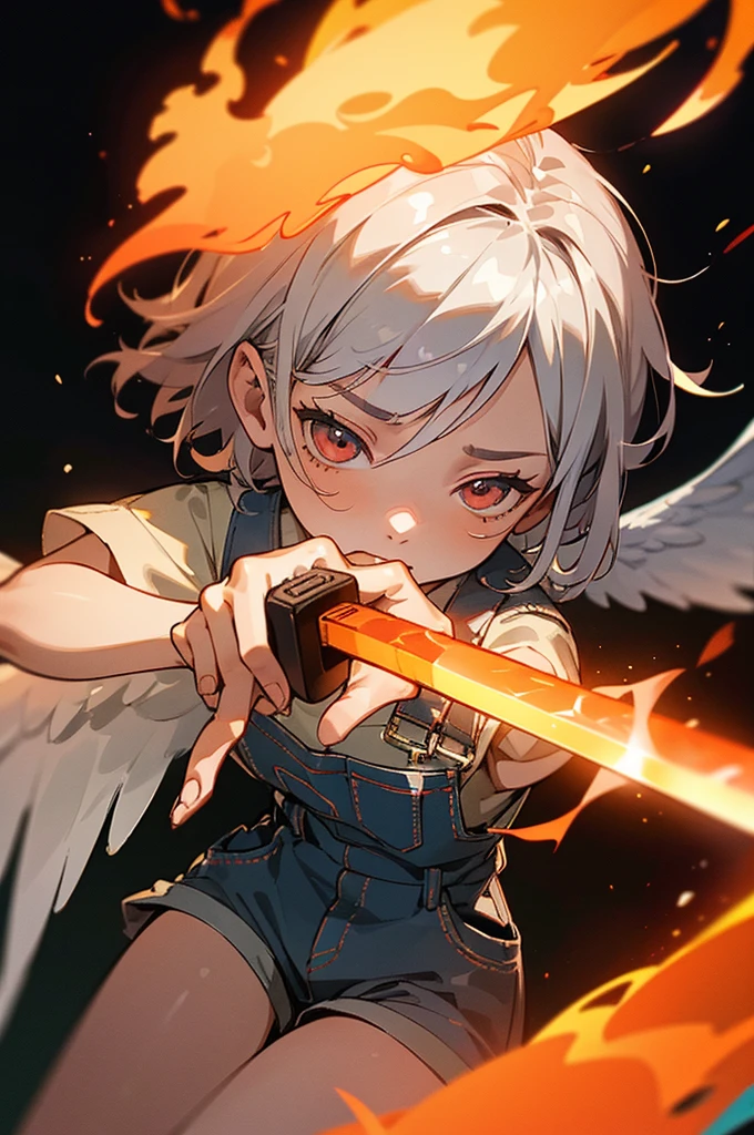 girl,short silver hair,loli,dressing shorts overalls,burning background,phoenix wings,enraged,with large fire sword,(best quality,4k,highres:1.2),ultra-detailed,(realistic:1.37),sharp focus,physically-based rendering,extreme detail description,professional,vivid colors,bokeh,portraits,hot palette,studio lighting