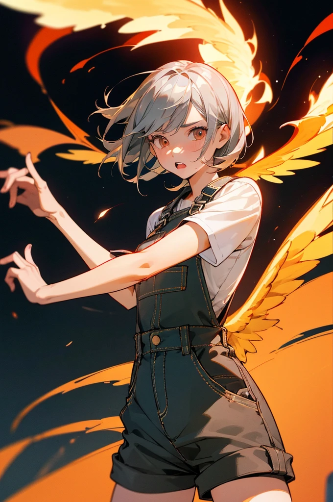 girl,short silver hair,****,dressing shorts overalls,burning background,phoenix wings,enraged,with large fire sword,(best quality,4k,highres:1.2),ultra-detailed,(realistic:1.37),sharp focus,physically-based rendering,extreme detail description,professional,vivid colors,bokeh,portraits,hot palette,studio lighting