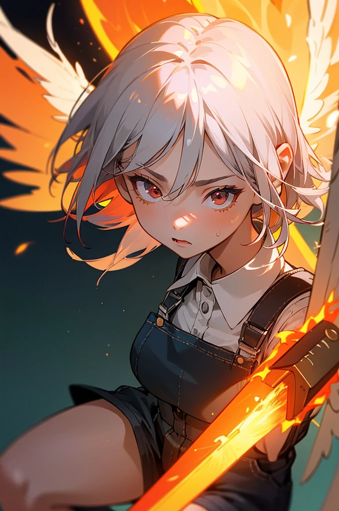 girl,short silver hair,****,dressing shorts overalls,burning background,phoenix wings,enraged,with large fire sword,(best quality,4k,highres:1.2),ultra-detailed,(realistic:1.37),sharp focus,physically-based rendering,extreme detail description,professional,vivid colors,bokeh,portraits,hot palette,studio lighting