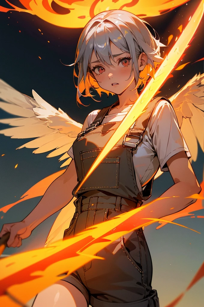 girl,short silver hair,****,dressing shorts overalls,burning background,phoenix wings,enraged,with large fire sword,(best quality,4k,highres:1.2),ultra-detailed,(realistic:1.37),sharp focus,physically-based rendering,extreme detail description,professional,vivid colors,bokeh,portraits,hot palette,studio lighting