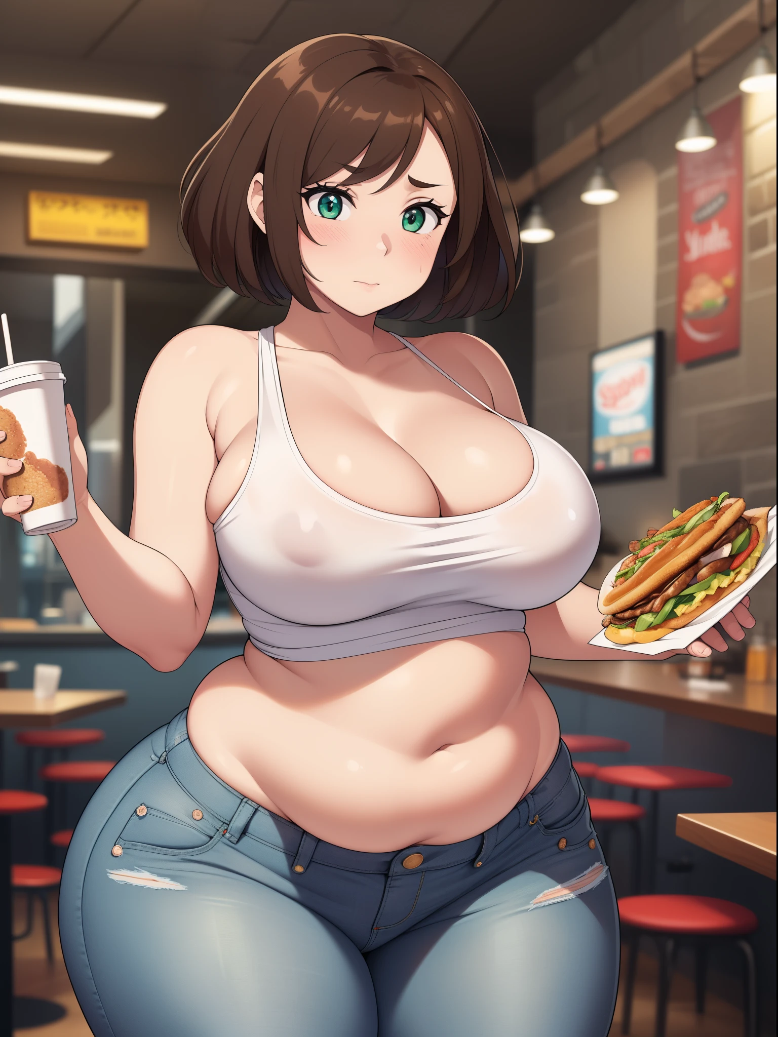 ((high res)), (Masterpiece), perfect anatomy, perfect shading, field of depth, (best quality), extremely delicate and beautiful, perfect lighting, detailed face, ultra cute face, cute, (cowboy shot 1.2), looking at viewer, full body, ((1girl)), ((solo)),

has short hair, fluffy hair, brown hair, green eyes, ((blush)), (white tank top 1.2), (jeans 1.2), extremely tight clothes, medium breasts, cleavage, perky breasts, (((wide hips))), ((thick thighs)), (chubby), chubby belly, fat rolls, belly hang,

Fast food restaurant, intricate background, detailed background,