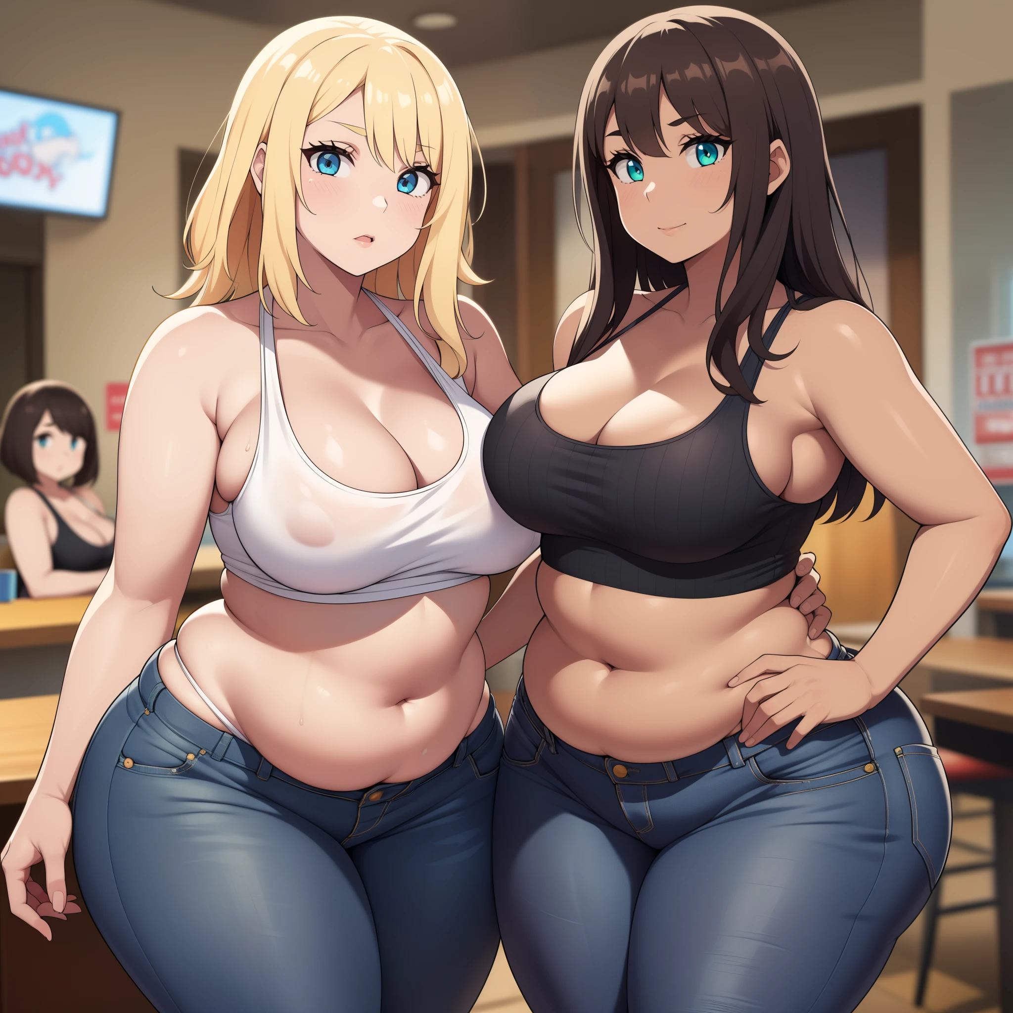 ((high res)), (Masterpiece), perfect anatomy, perfect shading, field of depth, (best quality), extremely delicate and beautiful, perfect lighting, detailed face, ultra cute face, cute, (cowboy shot 1.2), full body, (((2girls))), ((2 girls 1 and 2))
Girl 1: has long hair, fluffy hair, blonde hair, blue eyes, (crop top 1.2), (jean shorts 1.2), extremely tight clothes, medium breasts, cleavage, perky breasts, ((wide hips)), (thick thighs), (chubby), pudgy belly, fat rolls, belly hang,
Girl 2: has short hair, fluffy hair, brown hair, green eyes, (white tank top 1.2), (jeans 1.2), extremely tight clothes, medium breasts, cleavage, perky breasts, (((wide hips))), ((thick thighs)), (plump), chubby belly, fat rolls, belly hang, she has a jiggly belly,
Fast food restaurant, intricate background, detailed background, girls are standing next to each other,