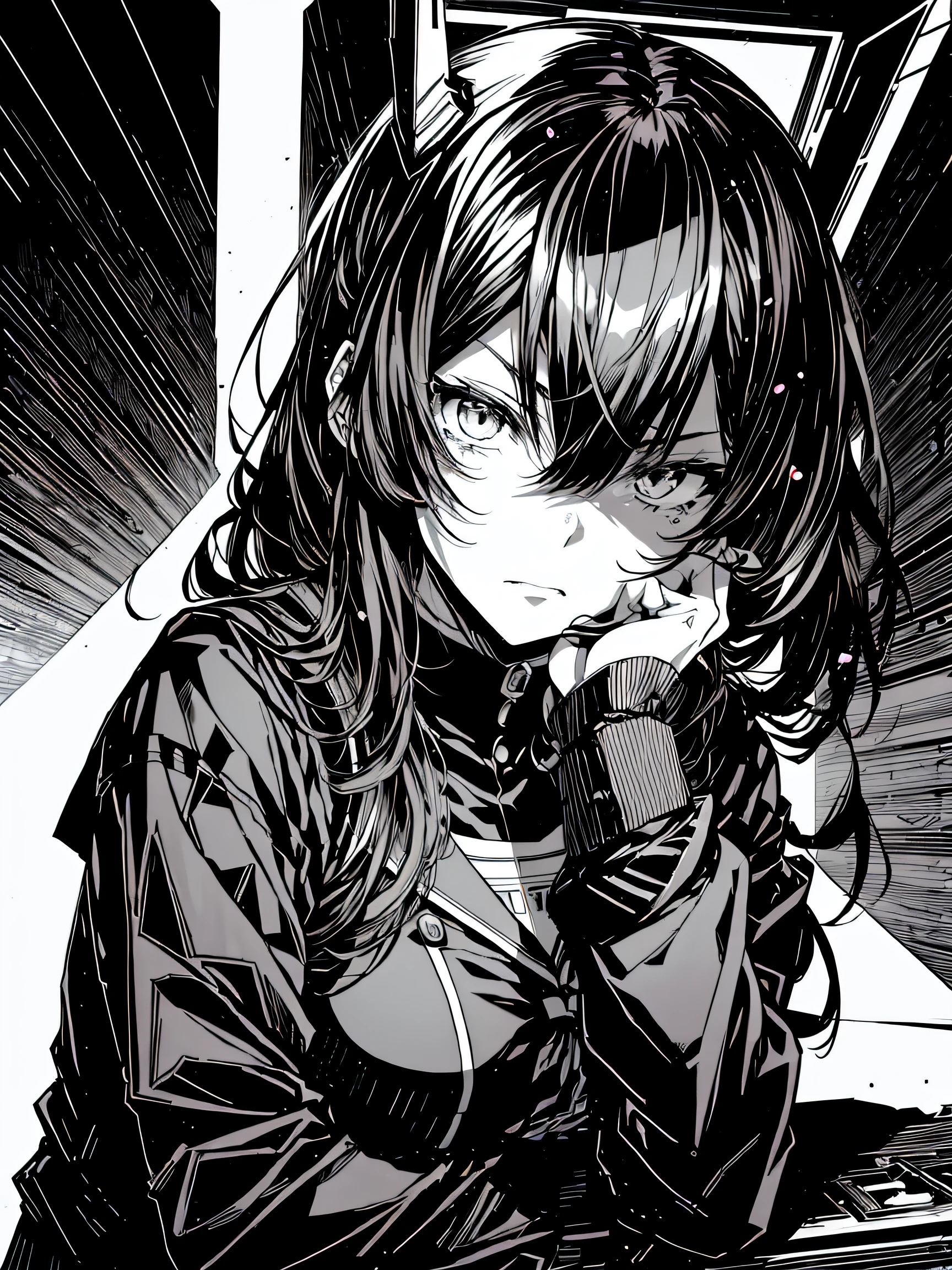 v5lcn style,ink art,(Best Quality,masutepiece:1.2),(black and white comic core:1.1),(linear art_Anime),(extreme high contrast),Dark ink,1girl in,A dark-haired,Shadow on face、8K,resolution,High School Girl,Sailor School Uniform,