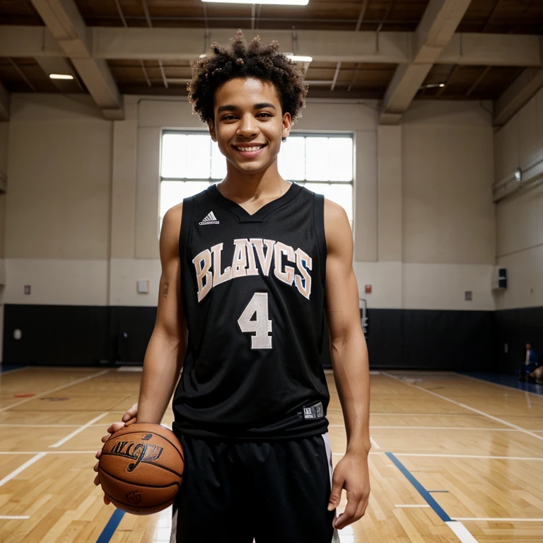 Short curly head boy lightskin with black jersey on basketball court and looks like a kid standing up straight smiling