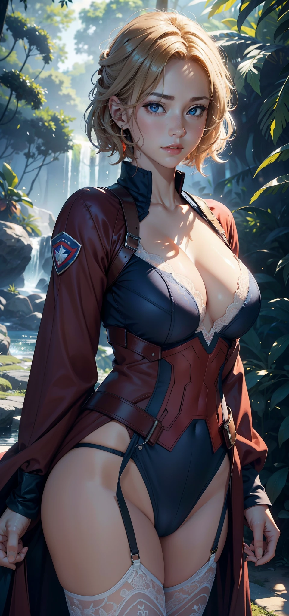 1female,45 yers old,Married woman,熟妇,Large breasts,long leges,big chest and thin waist, photo exposure, 独奏,(Background with:at a forest,the rainforest,in summer) She has short blonde hair,Redlip,The stands up,seen from the front, curlies, The sky is mostly cloudy,(((tmasterpiece),(Very detailed CG unified 8k wallpaper),Best quality,电影灯光,detailed back ground,beautidful eyes,Bright pupils,(very delicate beautiful),(Beautiful and detailed eyes description),ultra - detailed,tmasterpiece,)),facing at the camera,A high resolution,ultra - detailed),Expose breasts exposed,Bare genitals, convex,Camel toes,Raised sexy,captain america(dressed in:Blue and red captain america uniform,lace panty,nakeness,badges)