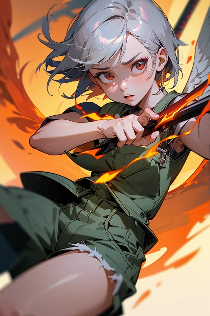 girl,short silver hair,****,dressing shorts overalls,burning background,phoenix wings,enraged,with large fire sword,(best quality,4k,highres:1.2),ultra-detailed,(realistic:1.37),sharp focus,physically-based rendering,extreme detail description,professional,vivid colors,bokeh,portraits,hot palette,studio lighting