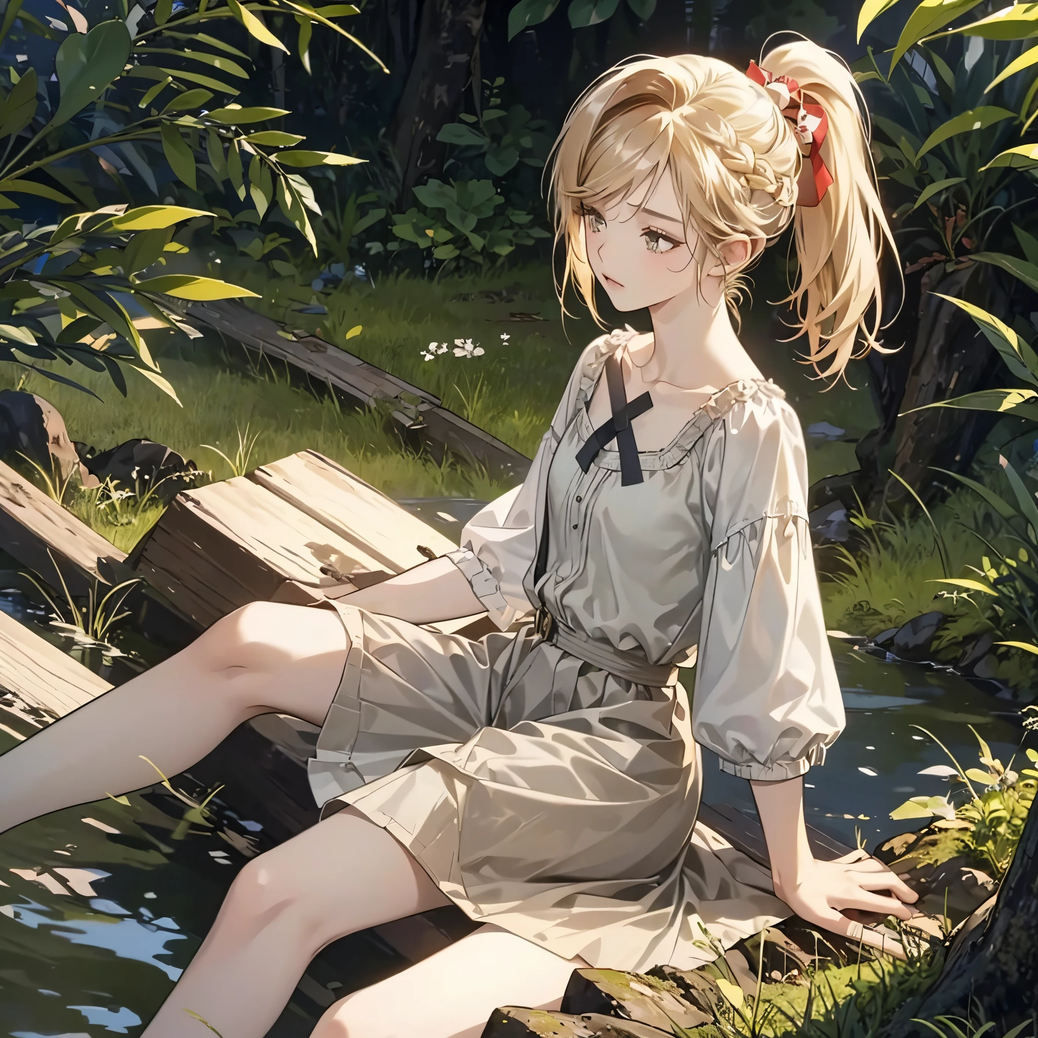 ((boold manga line style)), masterpiece, best quality, shabby clothes, boold manga line style, short hair neck length, tied pony, blonde, 1girl, solo, loli, bangs, tanktop, shorts, small pony tail, ((ponytail)), little girl, forest background, abandoned girl, young girl, Dirty and patched beige dress, simple dress, worn by an orphan girl, dressed simple, braid, serious expression, sitting, closed eyes, resting, hardworking girl, Sorry clothes , patched clothes , dirty clothes , not clean, korean style