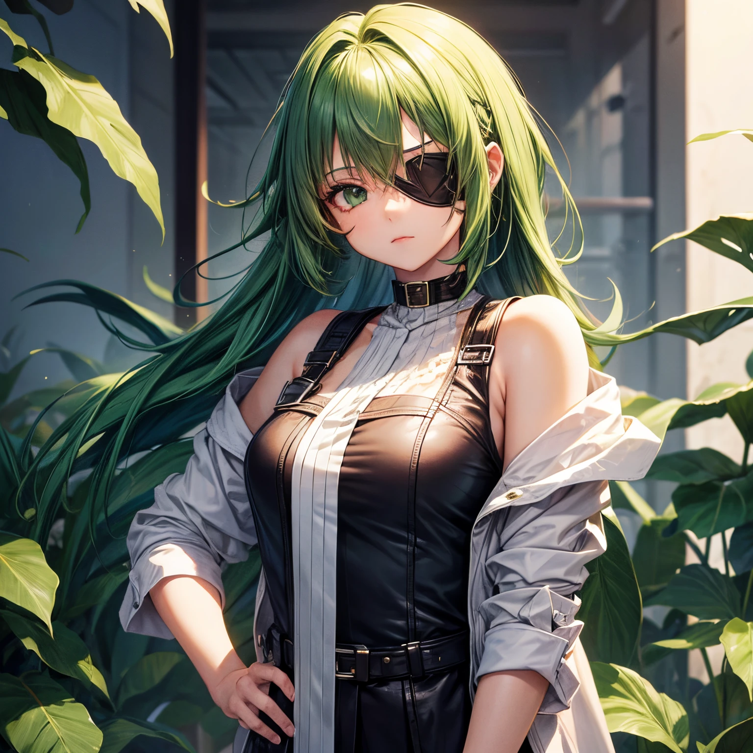 black beret, Long green hair, yellow eyes, long hair, black braid, hair parted to the right, hair clip, flower in hair, smile, calm, striped top, striped, toned arms, flexing arms, arms up, fists showing, showing off arms, sleeveless, pink skirt, garden, sunlight, scarf, ultra-detailed, absurdres, unreal engine, masterpiece, best quality, beautiful eyes, volumetric lighting, silky_hair), best quality, ultra-detailed, looking at viewer, highres, 8k wallpaper, extremely detailed, smooth lighting, 8k, depth of field, masterpiece, cinematic lighting,