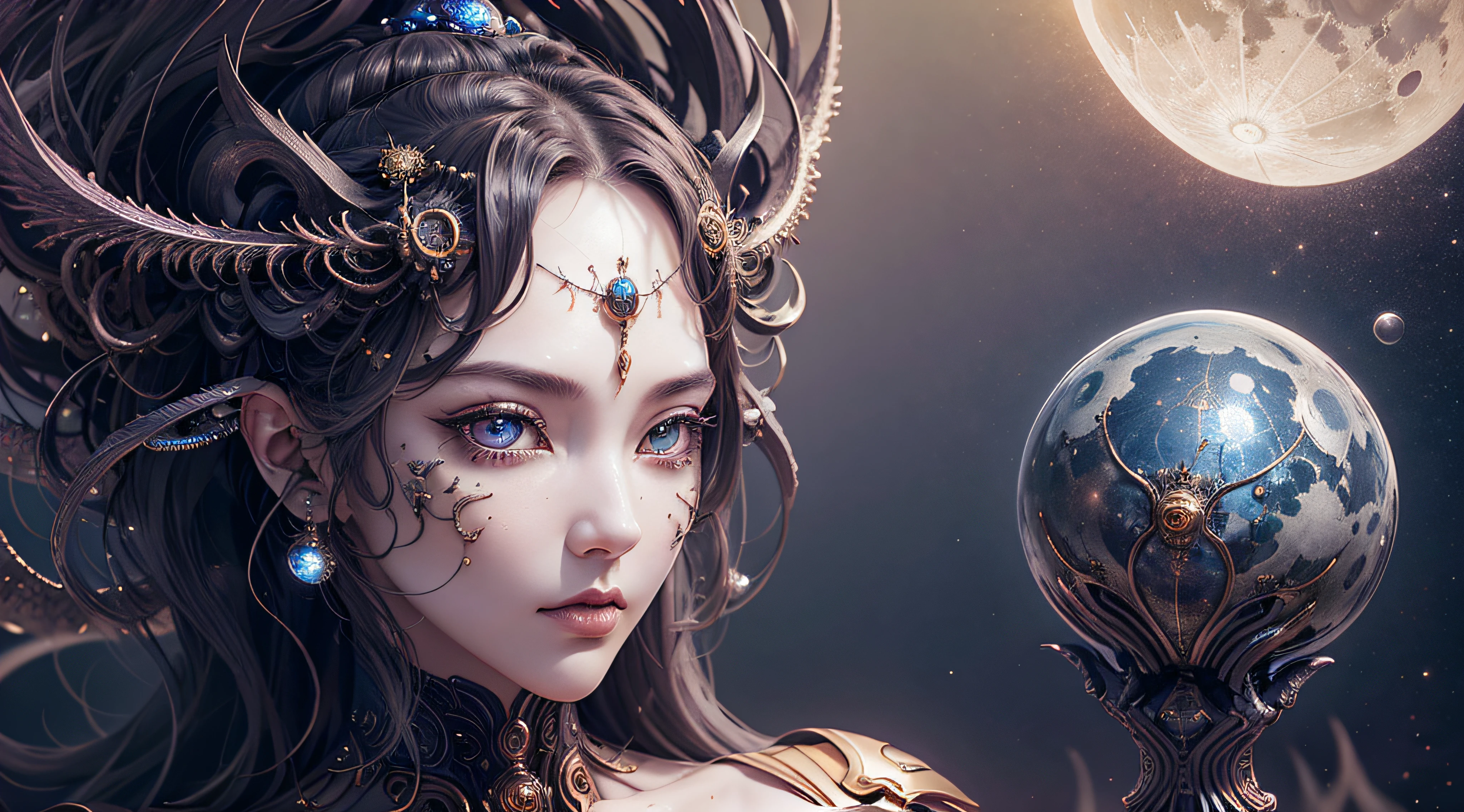 (Best quality at best,ultra - detailed,Best Best Illustration,The best shadow,tmasterpiece,A high resolution,professionalartwork,famousartwork),詳細な目,beautidful eyes,Close-up cleavage,sci-fy,colored sclera,Robot eyes,face markings,tattoo is,(fractalized,Fractal eyes),largeeyes,largeeyes,(Eye focus),surface focus,the eye of the universe,Space Eye,Close up of metal sculpture of woman with moon in hair,welcoming。extremly high detail,3d goddess portrait,The goddess is extremely detailed,a stunning portrait of a goddess,Goddess side face avatar,Portrait of a beautiful goddess,Goddess full body close-up,goddess hecate,portrait of a norse moon goddess,goddess of space and time