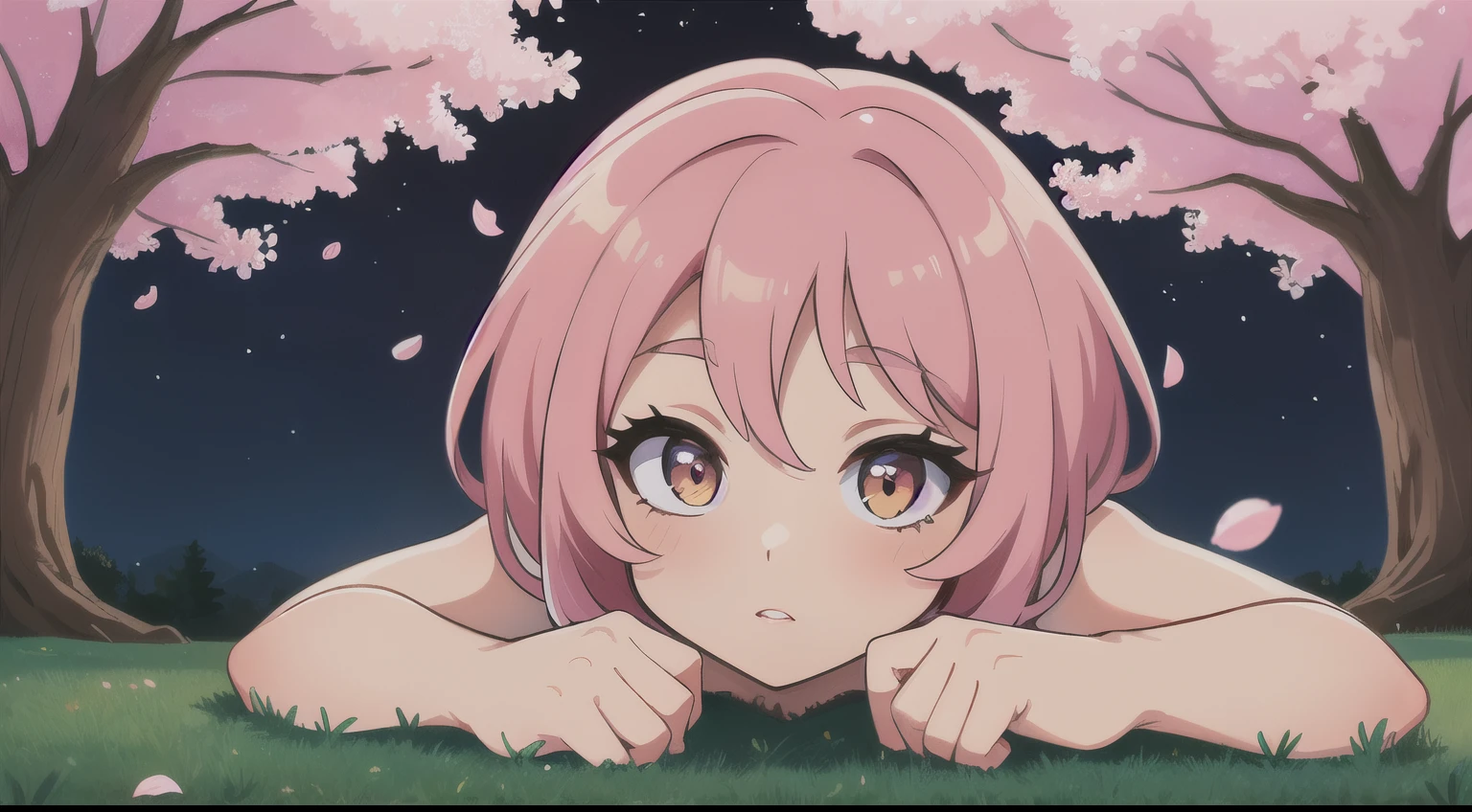 master part, best quality, a girl, pink hair, full body, cherry blossoms, dark sky, cabelo rosa, lying under the tree, olhos cor-de-rosa,, master part, best quality,