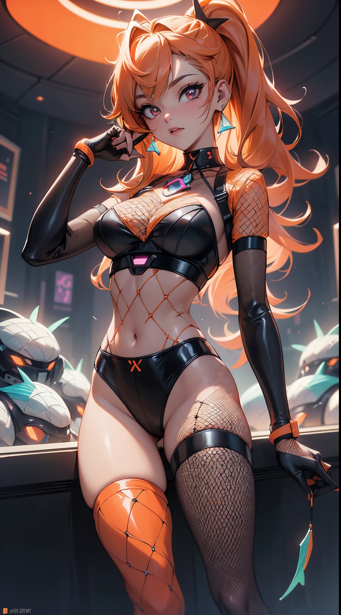Ariana Grande con fishnet neon orange,High Gloss Stretch Nylon Sheer Stockings,(fondo laboratorio Robotic futuristic dystopia:1 4),,More detailed 8K.motor irreal:1.4,UHD,La mejor calidad:1.4, fotorrealista:1.4, textura de la piel:1.4, obra maestra:1.8,obra-prima, mejor calidad,objeto Objeto], (detailed face features:1.3),((Las proporciones correctas)),convexo，(Dedos de camello)，(fishnet neon orange:1.4),(Ojos hermosos azules),(panties lingerie )