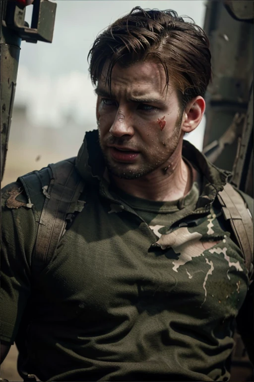 chris evans in a battlefield, slightly wounded, torn militairy clothing