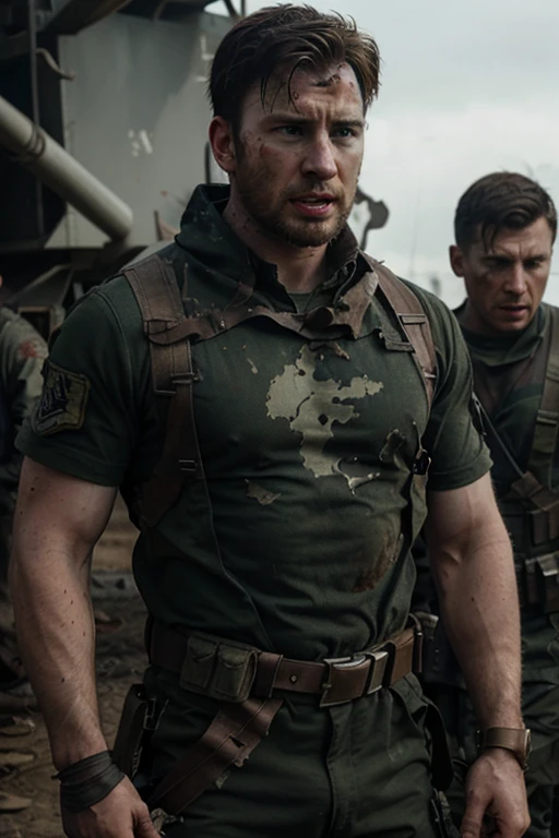 chris evans in a battlefield, slightly wounded, torn militairy clothing