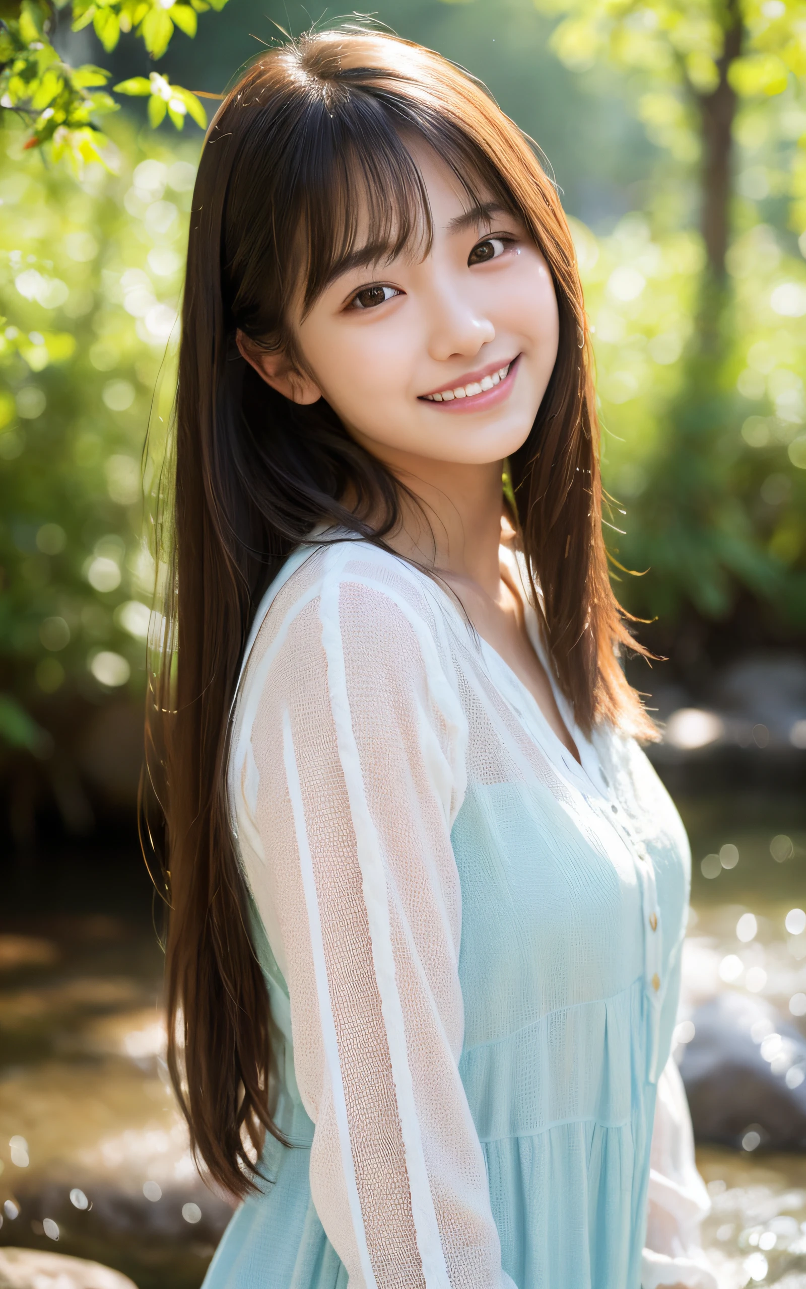 (Photo Real:1.4), (hyper realisitic:1.4), (Smooth lighting:1.05), 1 girl, (mournful smile:1.4), Mouth slightly open, Neat and clean beauty, 22 years old, Soft lighting, Back lighting, (cheerfulness:1.2), (Finest Real Textured Skins), Narrow-eyed, Super fine face, glowy skin, retinas, Anatomically correct, acurate, Super Detail, Textured skin, High quality, high details, Best Quality, High resolution,Morning forest with clear water flowing through it, Medium hair swaying in the wind, Bangs, Blouse