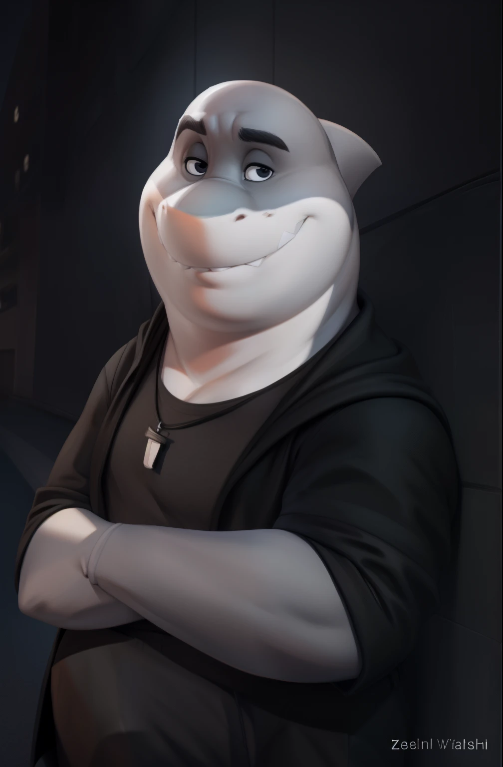 mr shark, plump, fat, belly, black eyes, (pose:1.3), (posing:1.3), (soft shading), 4k, hi res, five fingers, detailed hands, ((detailed face, (detailed eyes:1.0), detailed)), (full body), by zackarry911, by zaush, (by personalami:0.5), looking at viewer, shirt, 1boy, black hooded sweater, hood down showing face, black pants, dark blue shoes, male focus, pants, black shirt, gray sport pants, giant head, huge head, big head