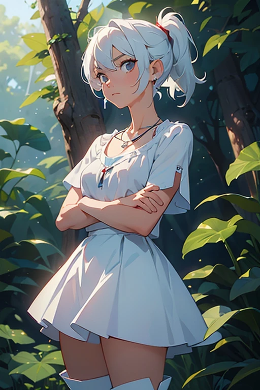 (masterpiece, best quality:1.2), cowboy shot, solo, 1girl, expressionless, closed mouth, looking at viewer, crossed arms, white hair, side ponytail, blue ballero top with red trimmings, white blouse, blue skirt, white boots, scar on left eye, jewellery, necklace, earrings, forest, summer afternoon