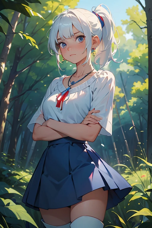 (masterpiece, best quality:1.2), cowboy shot, solo, 1girl, expressionless, closed mouth, looking at viewer, crossed arms, white hair, side ponytail, blue ballero top with red trimmings, white blouse, blue skirt, white boots, scar on left eye, jewellery, necklace, earrings, forest, summer afternoon