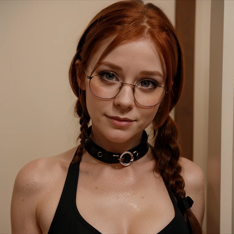 Penny pax redhead long hair braids ponytail glasses blushing dark eyes mascara eyeshadow collar wet