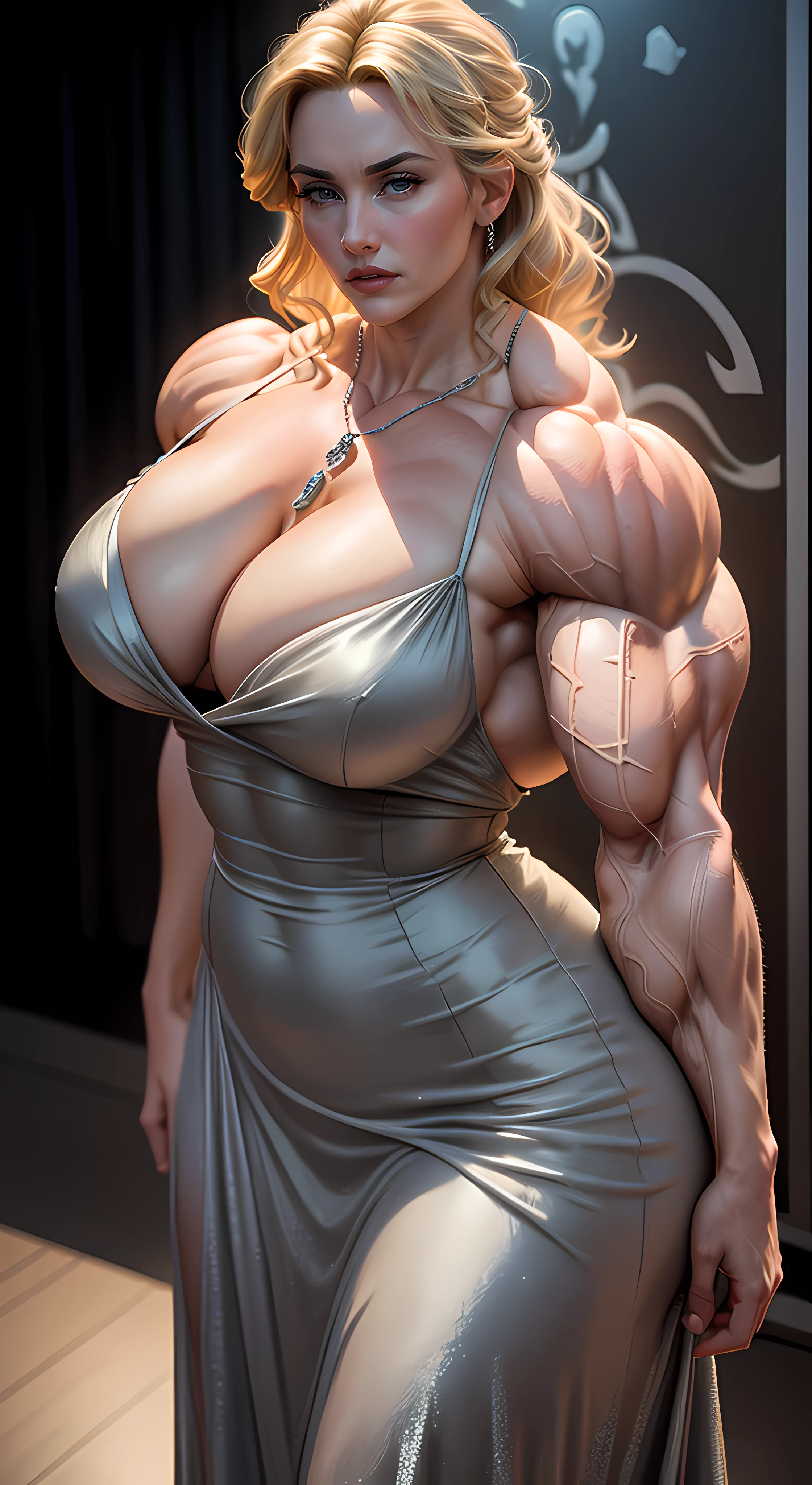 Kate Winslet, young beautiful, large breasts, wearing a dazzling grey evening gown, a diamond necklace , very low back drop, very low waist line, front view, deep cleavage visible, upper body, closeup, on stage, Oscar statue in hand, ((((huge muscles))))