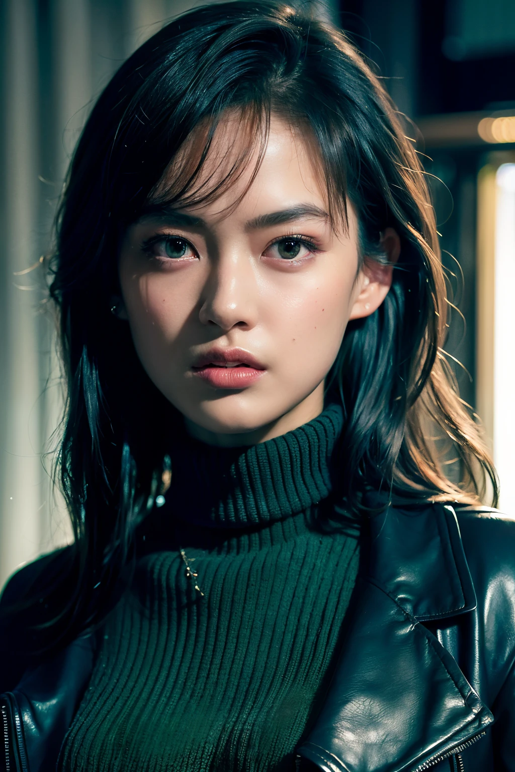 modelshot, cinematic still, 28 years asian girl standing, upper body, (black eyes:1.3), mid wavy hair, (green turtleneck sweater, leather jacket), soft natural light, in dark,
((masterpiece)),(best quality),(highres),Highly detailed RAW color photo,extremely detailed,photo-realistic,realistic,incredibly absurdres,highly detailed,sharp focus,, (professional studio lighting),(professionally color graded),rim light,dramatic lighting,cinematic lighting,lumen reflections,soft natural lighting,muted color,photon mapping,radiosity,, (beautiful eyes),(detailed eyes),(detailed face),symmetry eyes,sharp eyes,cool face,