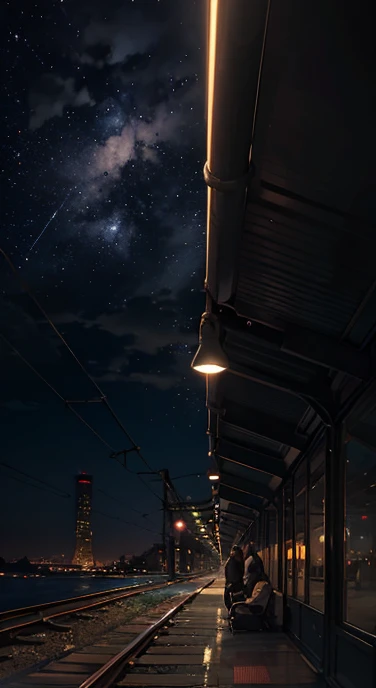High quality masterpiece, landscape, anime train passing through bodies of water on tracks, bright starry sky. Romantic train, pixiv, concept art, lofi art style, reflection. by Makoto Shinkai, lofi art, Beautiful anime scene, Anime landscape, detailed scenery —width 672, in style of Makoto shinkai, style of Makoto shinkai, enhanced details.