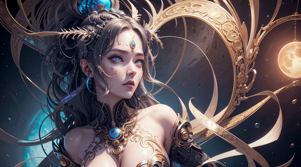 (Best quality,ultra - detailed,Best Best Illustration,The best shadow,tmasterpiece,A high resolution,professionalartwork,famousartwork),詳細な目,beautidful eyes,Close-up cleavage,sci-fy,colored sclera,Robot eyes,face markings,tattoo is,(fractal,Fractal eyes),largeeyes,largeeyes,(Eye focus),surface focus,the eye of the universe,Space Eye,Close up of metal sculpture of woman with moon in hair,welcoming。extremly high detail,3d goddess portrait,The goddess said it in detail,a stunning portrait of a goddess,Goddess side face avatar,Portrait of a beautiful goddess,Goddess full body close-up,goddess hecate,portrait of a norse moon goddess,goddess of space and time,Dancing,perfect bodies,full bodyesbian