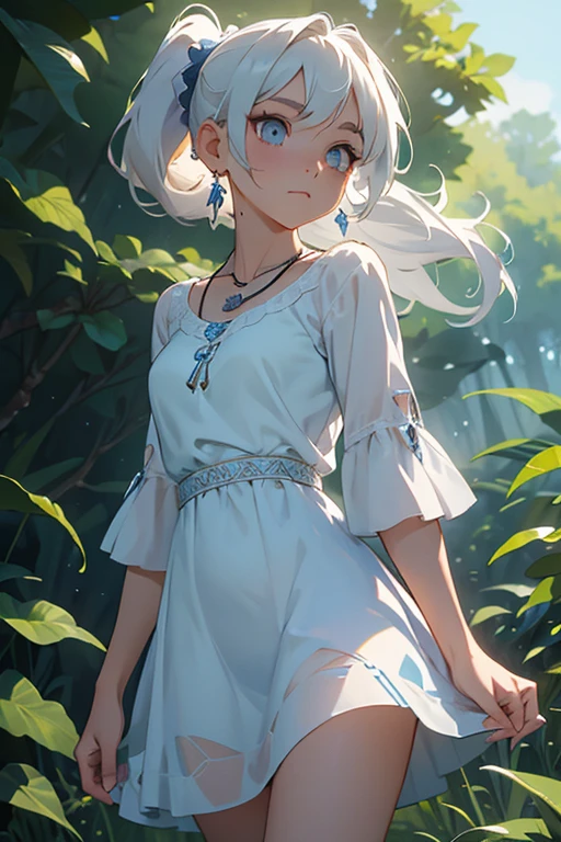 (masterpiece, best quality:1.2), cowboy shot, solo, 1girl, expressionless, closed mouth, looking at viewer, long white hair, side ponytail, blue dress, white boots, scar on left eye, jewellery, necklace, earrings, forest, summer afternoon