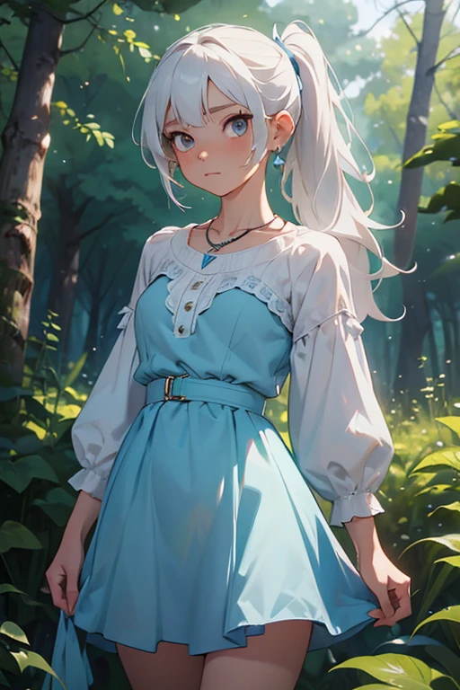 (masterpiece, best quality:1.2), cowboy shot, solo, 1girl, expressionless, closed mouth, looking at viewer, long white hair, side ponytail, blue dress, white boots, scar on left eye, jewellery, necklace, earrings, forest, summer afternoon