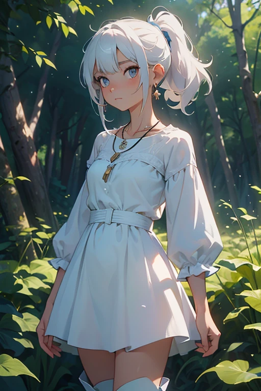(masterpiece, best quality:1.2), cowboy shot, solo, 1girl, expressionless, closed mouth, looking at viewer, long white hair, side ponytail, blue dress, white boots, scar on left eye, jewellery, necklace, earrings, forest, summer afternoon