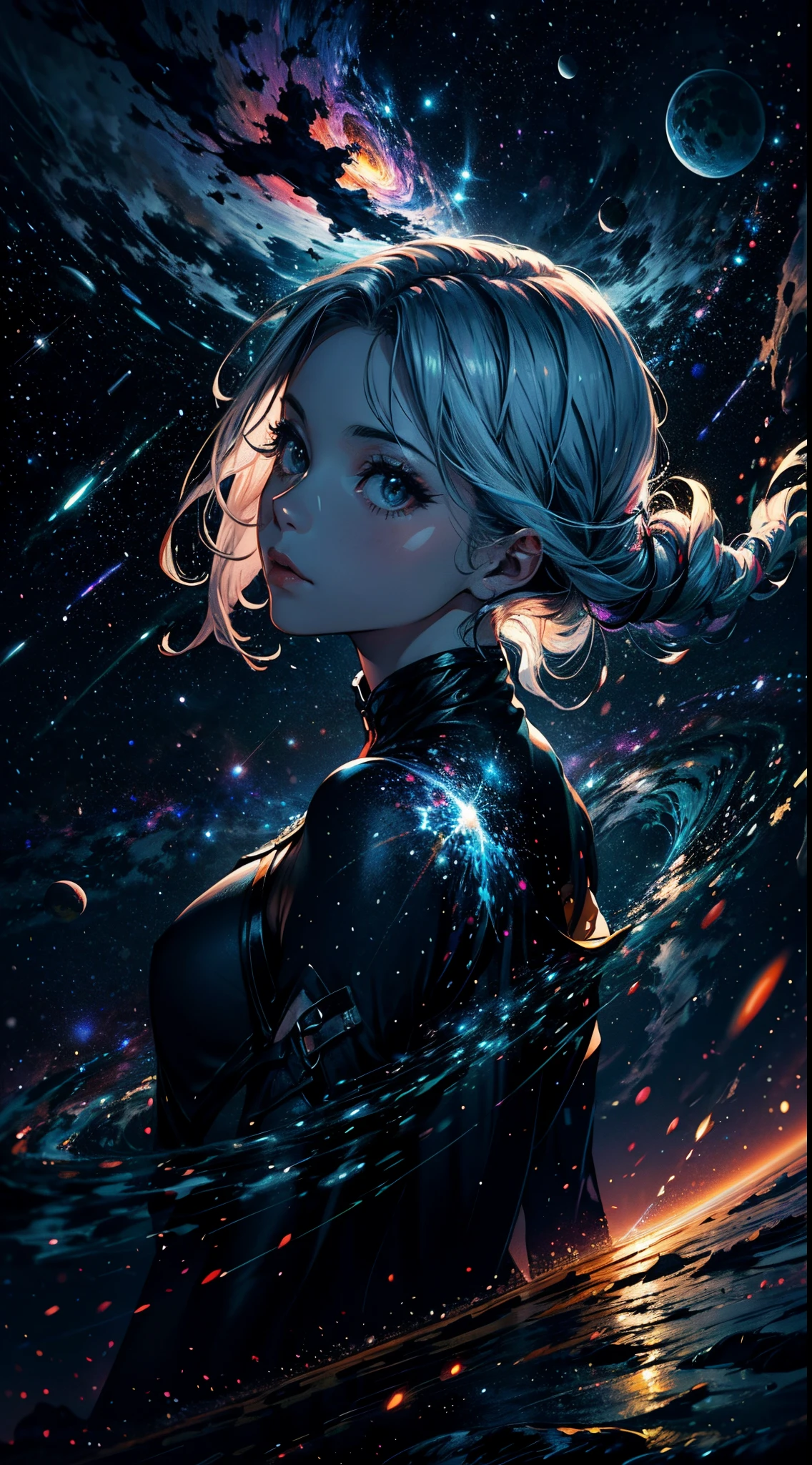 Empoleirado em uma nuvem wispy, A young woman looks in awe at the breathtaking expanse above. The night sky comes alive with a sea of stars, cintilantes como diamantes espalhados por uma tela de veludo. Cosmic phenomena swirl and dance, painting bands of vibrant colors across the vastness of space. Com os cabelos suavemente arremessados pela brisa celestial, The silhouette of the girl is witness to the beauty of the universe. Sereno e cheio de maravilhas, She becomes part of this cosmic symphony, His presence illuminating the infinite possibilities that lie beyond the clouds.