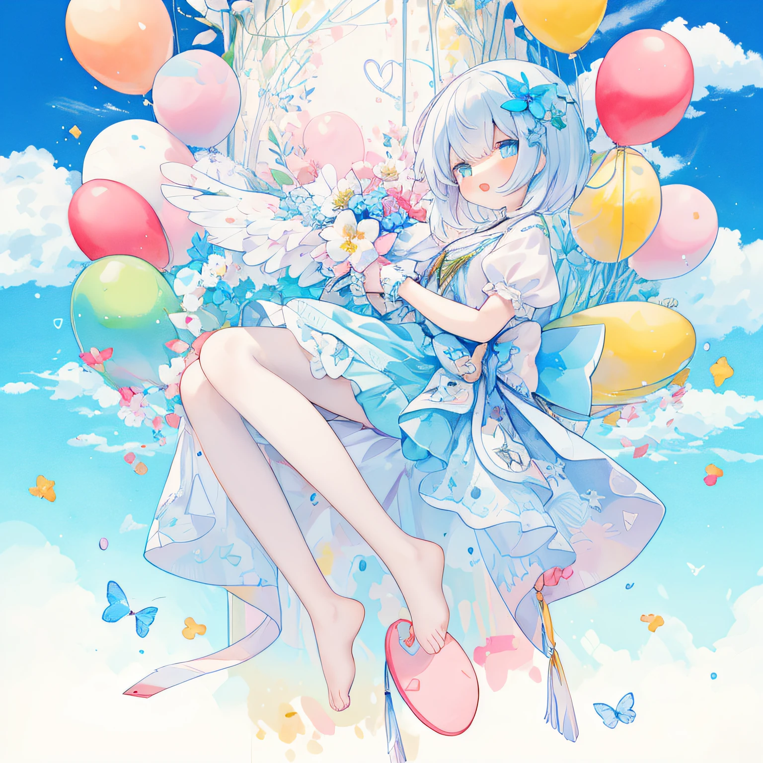 Lots of balloons:1.3,(Girl with big angel wings hanging from many heart-shaped balloons)、(PastelColors:1.3)、(Cute illustration:1.3)、(watercolor paiting:1.1)、 Blue butterfly、holding flower bouquet:1.3,a pixie cut、(jumpping、levitation)、 、rainbows、blue open sky、white clouds、foreign country、rinka、during daytime、Bouquet in hand、colorful flower、confeti、Balloons of the Heart、Detailed background、(1girl in:1.3)、Smile with open mouth、Beautifully detailed、Moya、colourfull、marble、Particles of light、patterns、 Detailed drawing、Vibrant colors、striking contrast、intricate detailes、Delicate depiction、Luminescent、full body Esbian、 From the side、Beautiful facial features、Brightly colored eyes、Wearing intricate and delicate ornaments、glowing aura、Radiant hair、 Illuminated by the morning light,Thick wool gown:0.5