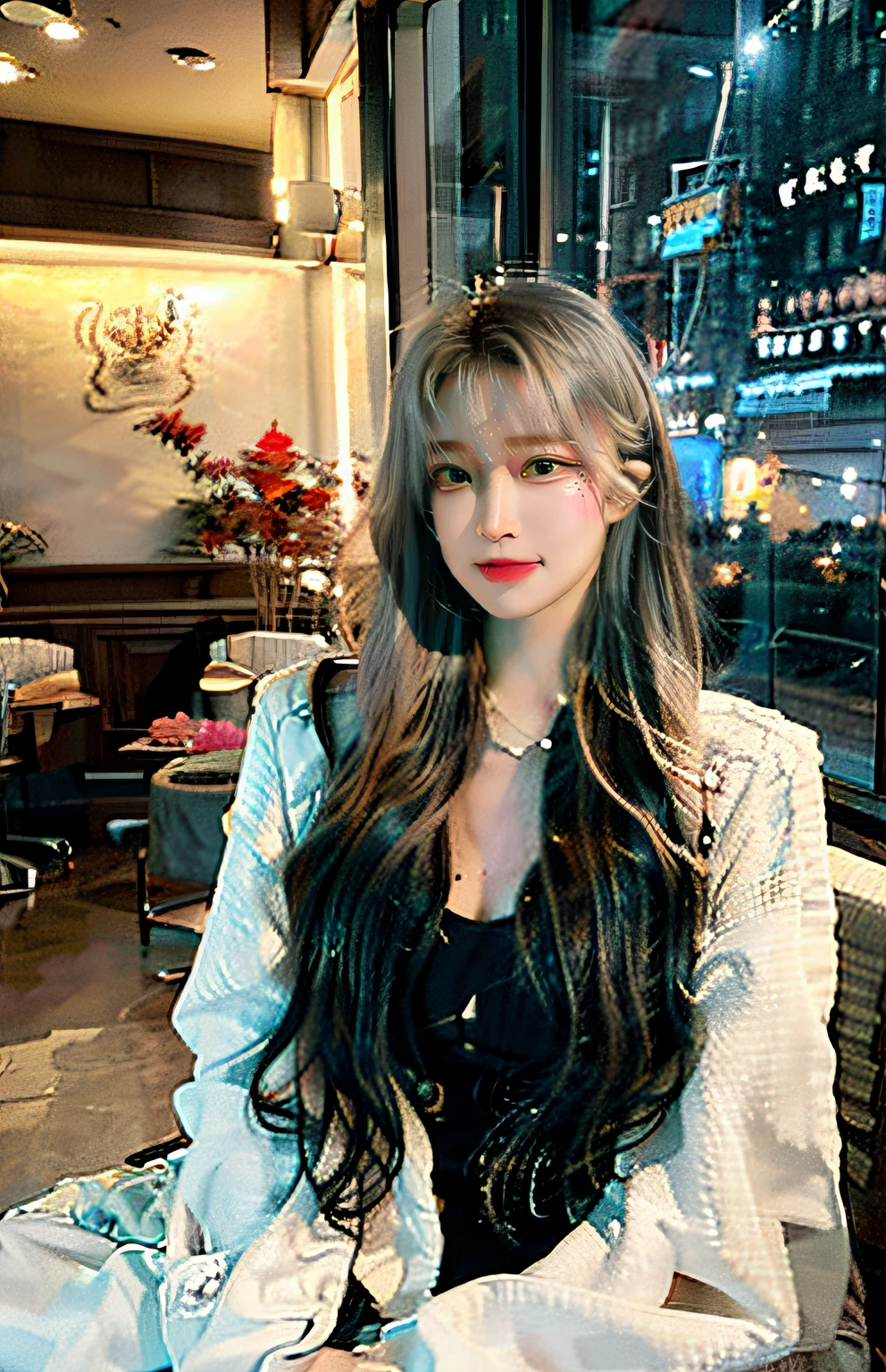 a Korean girl,facing at the camera。She is beautiful,Wear a stylish jacket,Show gentleness and elegance。Exude unique personality charm。 This photo was taken according to the best quality standards,Use RAW format photos,Present every detail vividly。Masterpiece post-processing,Make the picture more vivid and real。Realistic effects with complex lighting and high-resolution details,every facial line、Accurately render skin textures and expressions。 The whole picture is depth of field,Make the distance between the character and the background more obvious。There are intricate details in the picture,that girl's smile slightly'Open lips,Delicate eyes and facial features,Every detail is meticulously drawn。Perfect lighting effects highlight the beauty and charm of girls,make it more dazzling。 The background of the picture is a cafe. The overall tone is mainly warm colors.,Add a peaceful and soft atmosphere to the picture。 anyway,The lighting effects throughout the image are excellent,Through careful scene layout and lighting settings,Make the whole picture present a real and unique visual effect。The protagonist of this painting is a Korean girl,Show their beauty and elegance, Full body photo, (real photograph: 1.4), (hyper realisitc: 1.4), (realist: 1.3), (Smoother lighting: 1.05), (Improve movie lighting quality: 0.9), 32K,1 20-year-old girl, Luzes Realistas, The light from the rear window is backlit, There is light on the face, Ray traching, (flash lights: 1.2), (enchanced quality: 1.4), (The best quality real textured skin: 1.4), 詳細な目, A detailed face, hight quality eyes, (Tired, Sleepy but informative.: 0.0), closeup of face, tee shirt, (Increased Body Line Mood:1.1), (Increase the beauty of skin texture:1.1),ChineseGirl,The chest is small,looking at the camera in,Please remember the above elements,Generate tips suitable for stable diffusion to produce high quality images。Please note,This is just one example,You need to generate different prompts based on the topics I give you each time。
