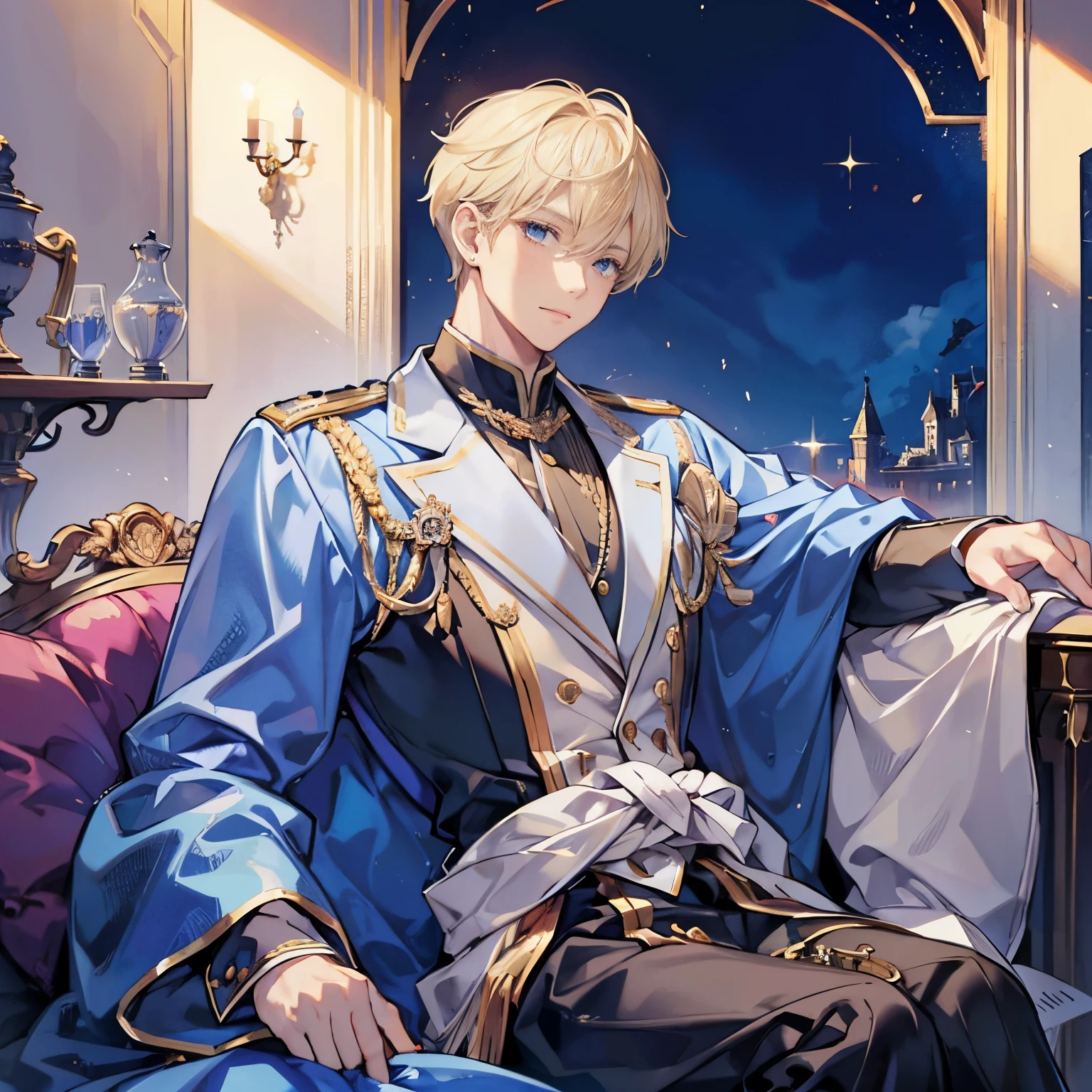 A boy with,blond hair blue eyes,Short hair details,hair straight,aristocratic clothes,prinz,Gorgeous royal costumes