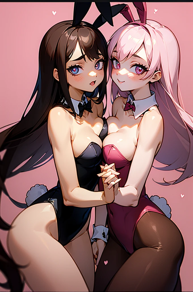 Multiple girls with heart-shaped pupils, animal ears, and fox ears, holding hands and interlocking fingers, wearing chokers and playboy bunny leotards, with long hair and cleavage, showcasing their huge breasts. They have glowing eyes and are looking at the viewer with smiles. They are wearing pantyhose, brown legwear, strapless wrist cuffs, and red leotards, with bare shoulders and collarbones visible. They are in a symmetrical docking position, with tails and breast presses, against a sparkling background with a pink color scheme.