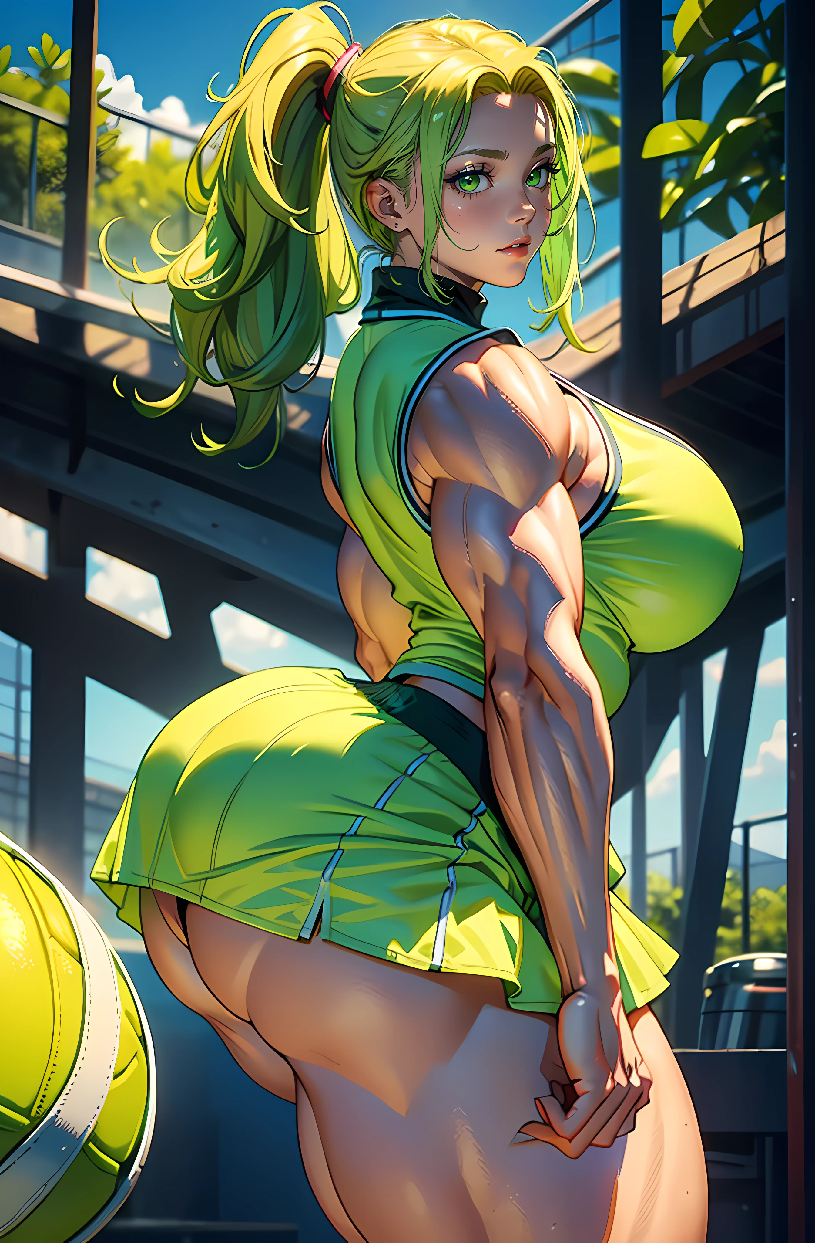 Best quality, mature woman, ((giant breasts)), giant ass, very curvy, half up half down hair, lime green eyes, full lips, seductive, lime green tennis sport uniform, short skirt, ((((huge muscles))))