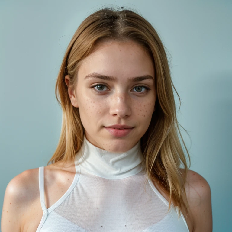 24-year-old hyper-realistic blonde latin girl with freckles, mood selfie for instagram,Ultra Definition, (photoreallistic: 1.4), 8k, calidad premier, fondos detallados, cara delicada, maquillaje natural, foto raw, iphone, HDR,Coqueteando con el espectador, infront of light blue colored wall, front-facing, narrow shoulders, medium sized breasts, feminine, wearing a turtle neck