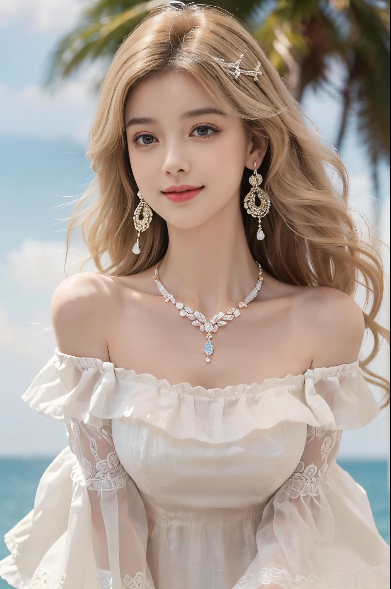 ((from below)),1 busty girl, Posing for photos, Outdoor sports, Seafront, The sky is mostly cloudy, Cross ed leg,looking at viewert, detailed scene, curlies, Air bangs, beautiful hair ornaments, Brownish-yellow hair, ((Sweet girly clothes 4,Off-the-shoulder dress,jewely,)), illuminate warmly, warm color palette, Detailed details, ultra - detailed, (tmasterpiece, Best quality at best), (An extremely delicate and beautiful work), Delicate earrings, Delicate necklace, simple blurr background, Extremely detailed description, Ultra-fine painting, delicated face, slim toned body, (ssmile), (Anatomical correct)