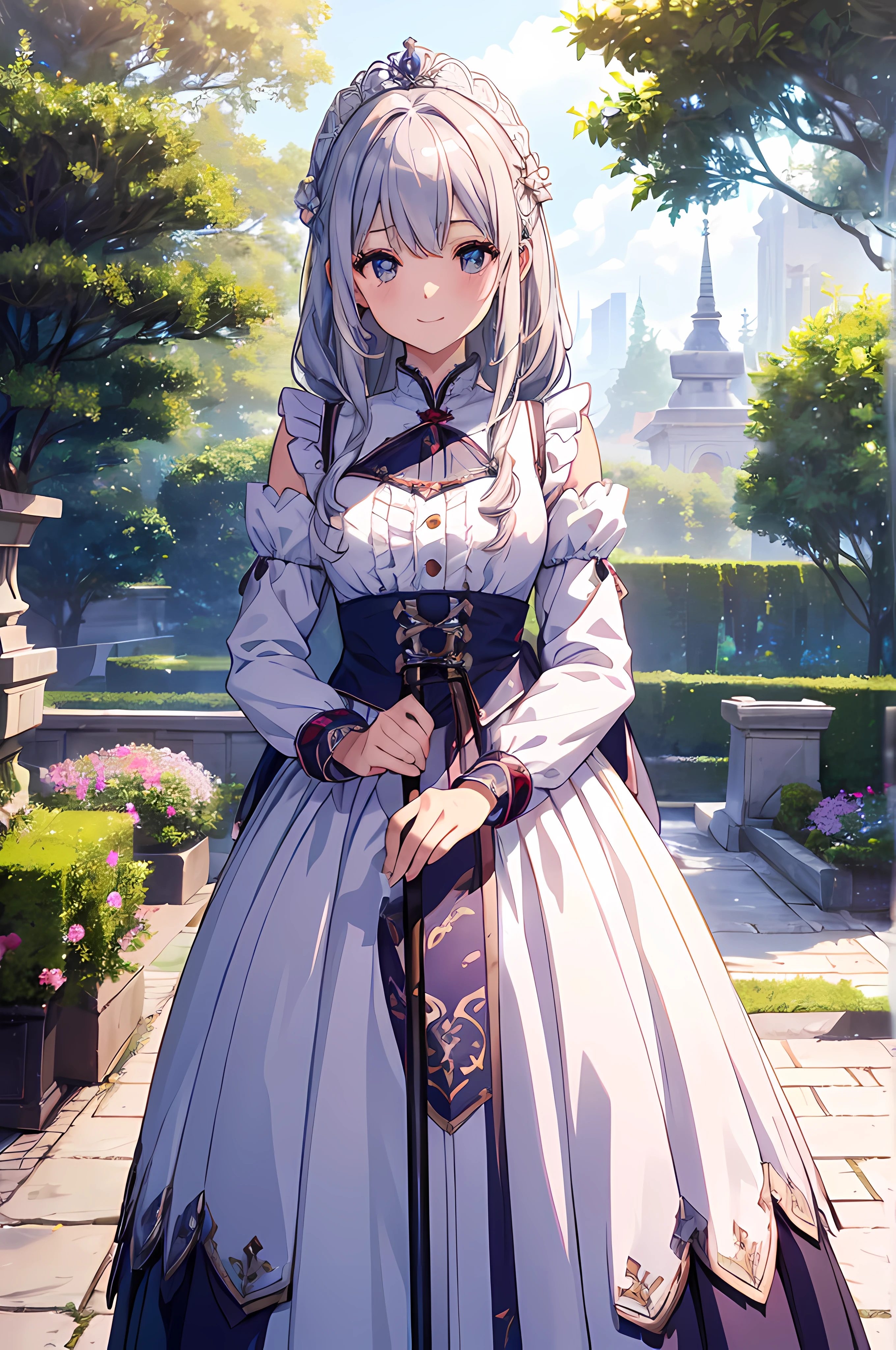 (tmasterpiece、top-quality、Lighting、extremely high quality、High level of image quality、Extremely sensitive writing)A silver-haired girl stands in a beautiful garden、A slight smil、she has a big cane、Cute national costume style dress,There are ruffles on the shoulders、Hair Fluttering in the Wind