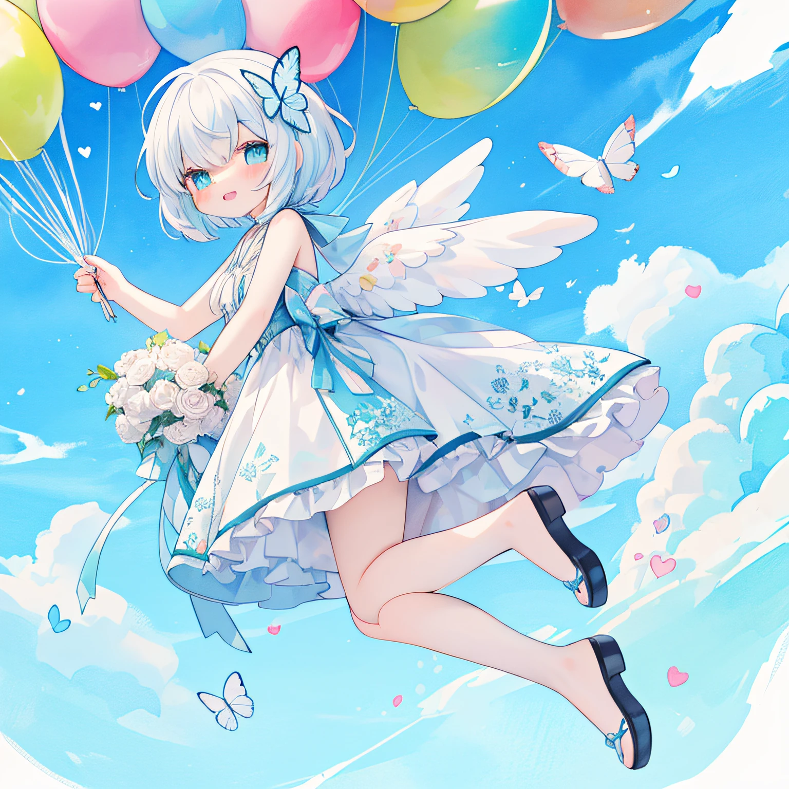 Lots of balloons：1.3，（Girl with big angel wings hanging from many heart-shaped balloons）、(PastelColors:1.3)、(Cute illustration:1.3)、(watercolor paiting:1.1)、 Blue butterfly、holding flower bouquet：1.3,a pixie cut、（jumpping、levitation）、 、rainbows、blue open sky、white clouds、foreign country、rinka、during daytime、Bouquet in hand、colorful flower、confeti、Balloons of the Heart、Detailed background、（1girl in：1.3）、Smile with open mouth、Beautifully detailed、Moya、colourfull、marble、Particles of light、patterns、 Detailed drawing、Vibrant colors、striking contrast、intricate detailes、Delicate depiction、Luminescent、full body Esbian、 From the side、Beautiful facial features、Brightly colored eyes、Wearing intricate and delicate ornaments、glowing aura、Radiant hair、 Illuminated by the morning light,Thick wool gown:0.5