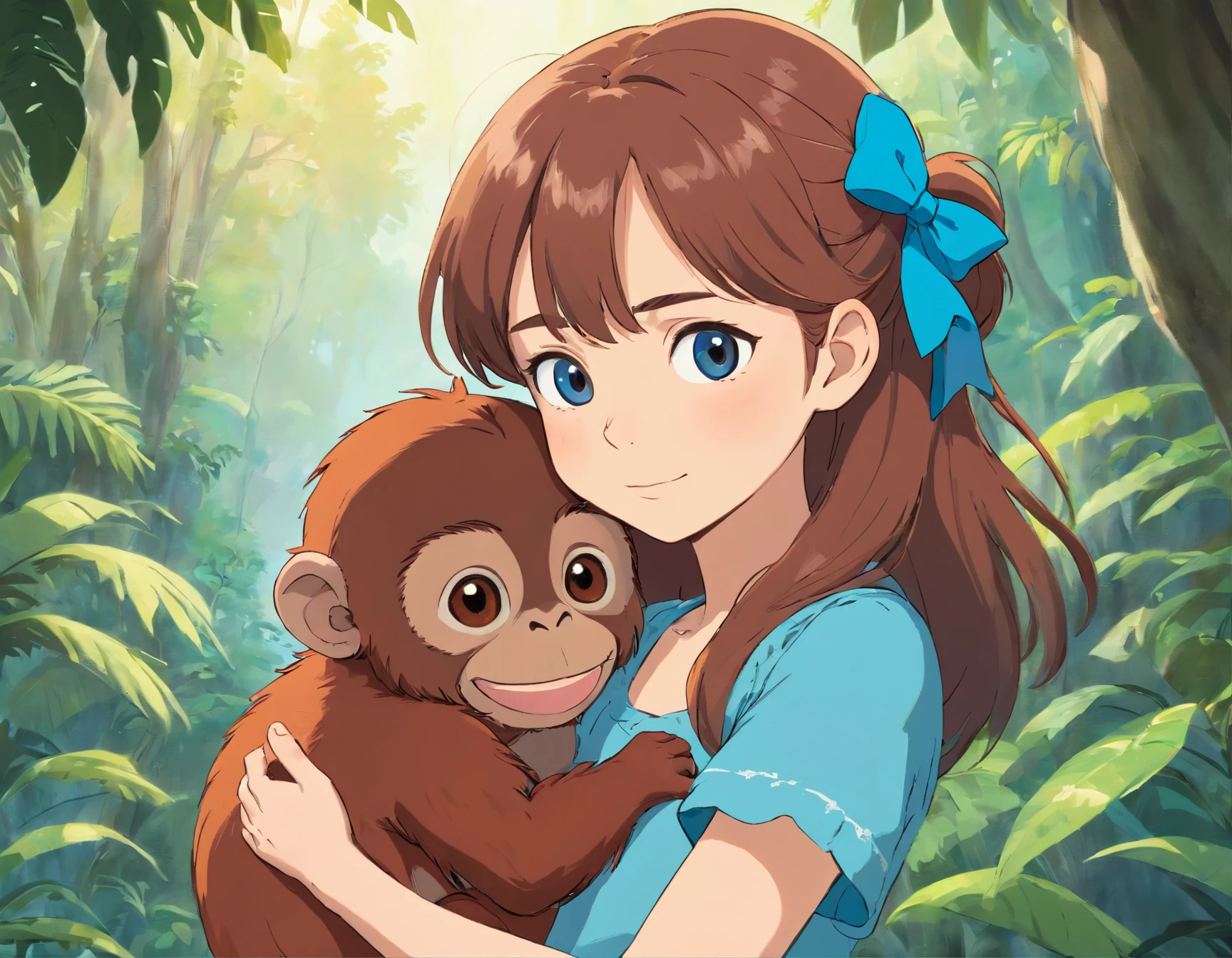 A young girl with a bright blue bow in her hair, holding a baby orangutan in her arms. The illustration is done in soft pastel colors, giving it a whimsical and cute feel. The girl has a cool and confident expression, as she stands surrounded by a lush jungle background. The baby orangutan is also wearing a tiny bow, matching the girl's. The overall vibe is heartwarming and endearing, perfect for a children's book or illustration.