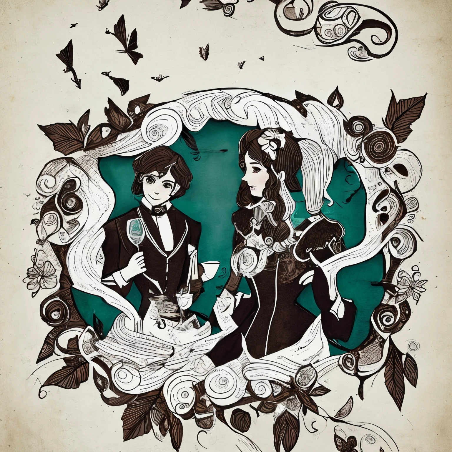 Un dibujo para la marca de un vino blanco. The inspiration is the 1800s era and vampires. Creativo, only one. Cold color palette.